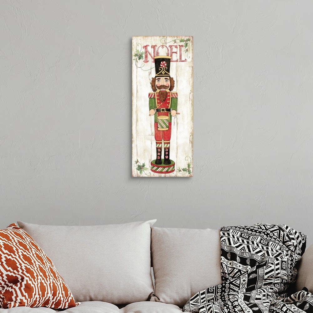 A bohemian room featuring A traditional Nutcracker figure makes a great panel accent for your holiday decor!