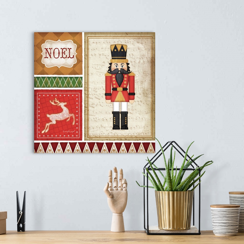 A bohemian room featuring Holiday themed home decor artwork of a nutcracker in a tiled square.