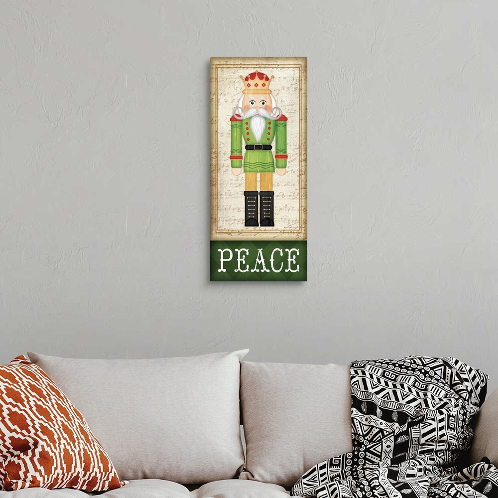 A bohemian room featuring Holiday themed home decor artwork of a nutcracker wearing a green tunic above the word Peace.