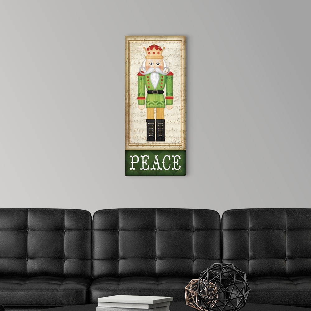 A modern room featuring Holiday themed home decor artwork of a nutcracker wearing a green tunic above the word Peace.
