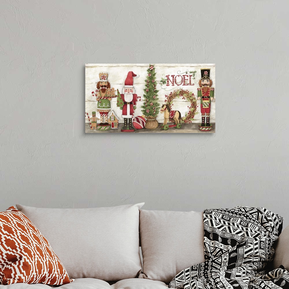 A bohemian room featuring Nutcracker suite of holiday characters!