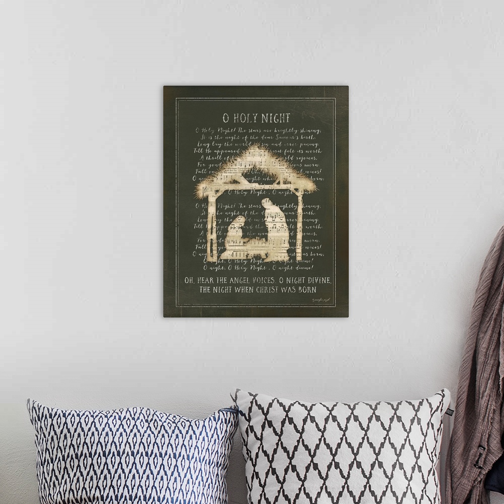 A bohemian room featuring "O Holy Night" Lyrics on a green background.