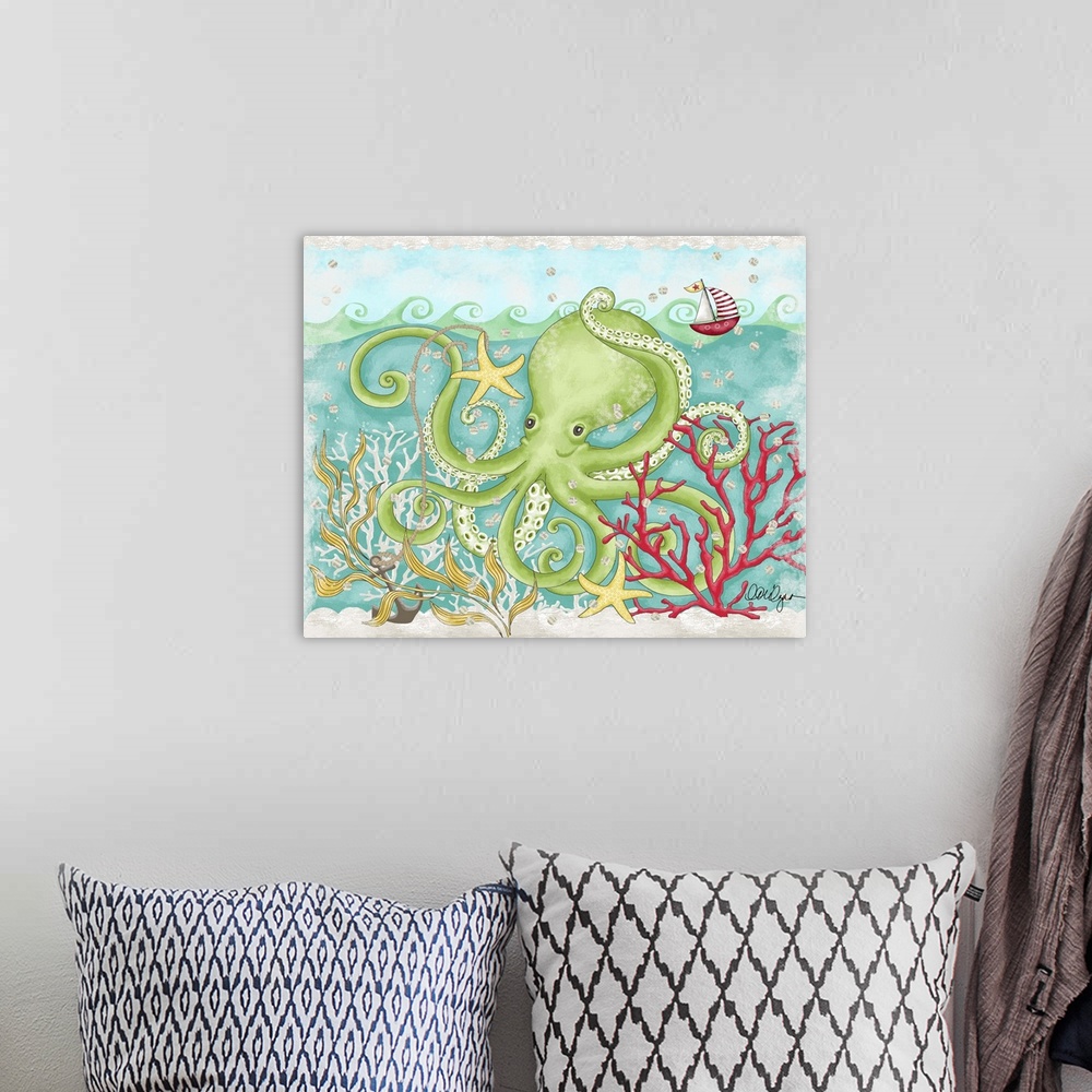 A bohemian room featuring Sweet splashy whale is a fun motif for child's room.