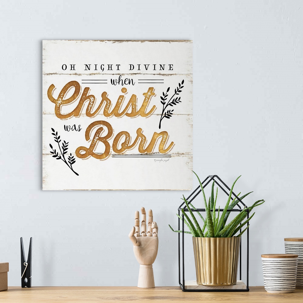A bohemian room featuring "Oh Night Divine When Christ was Born" on a shiplap wood background.