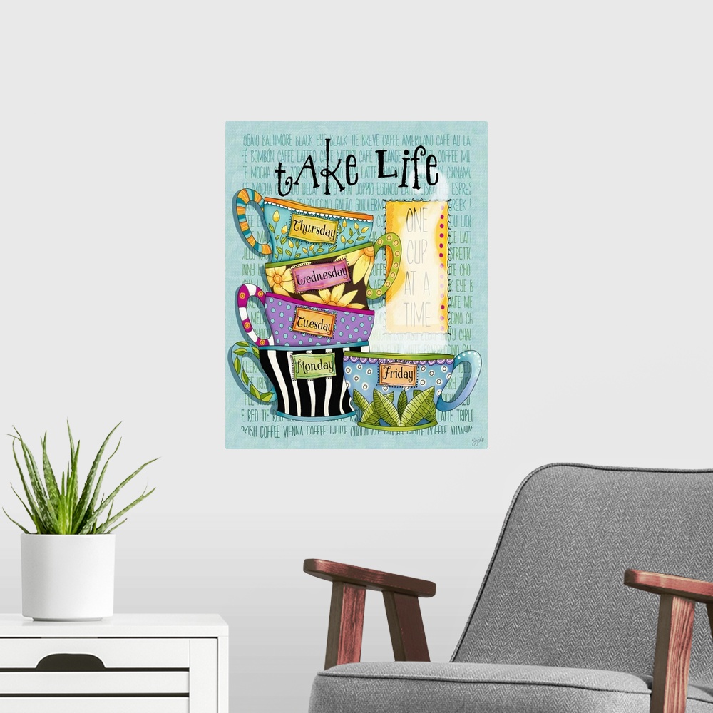 A modern room featuring whimsical tea-themed art, perfect for kitchen decor