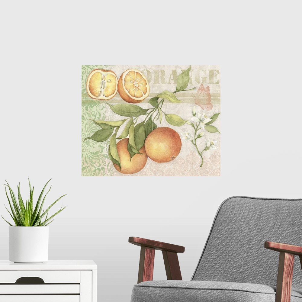A modern room featuring Freshly colored fruit on burlap, perfect for kitchen decor