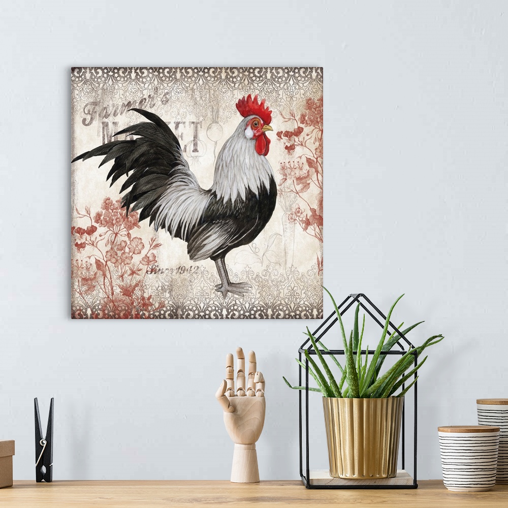 A bohemian room featuring A striking black and white rooster makes a strong country decor statement.