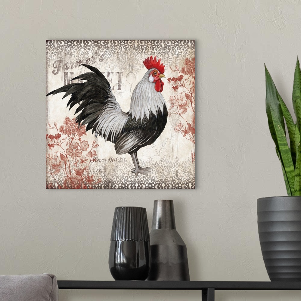 A modern room featuring A striking black and white rooster makes a strong country decor statement.
