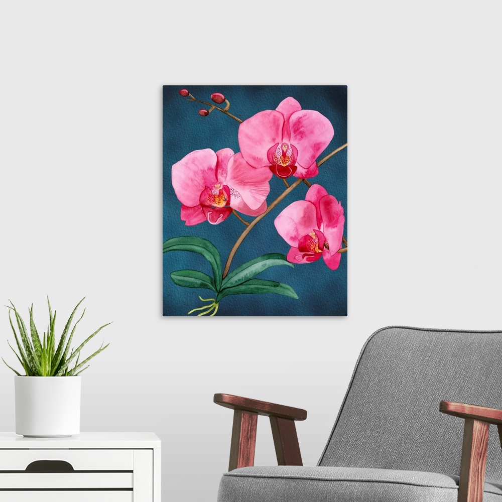 A modern room featuring A botanical rendering of the showy orchid will add classic imagery into your home.