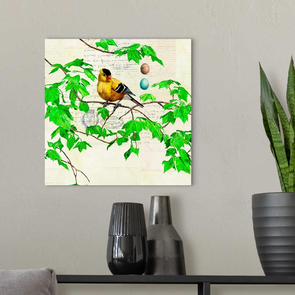 A modern room featuring This botanical bird treatment has a fresh and modern feel.
