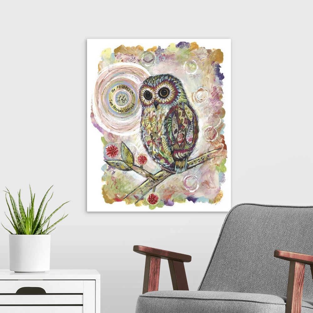 A modern room featuring The wise owl against a moon is given a home dec treatment.