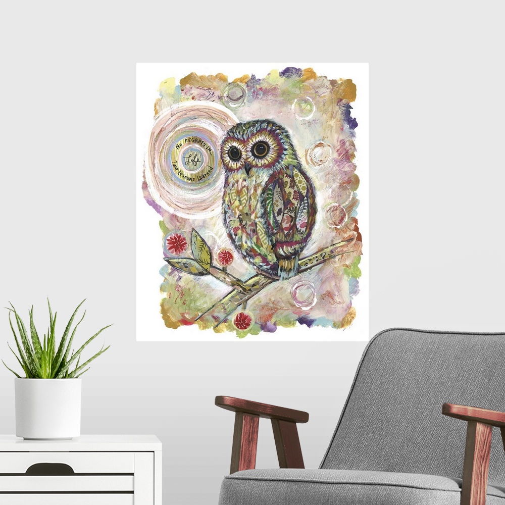 A modern room featuring The wise owl against a moon is given a home dec treatment.