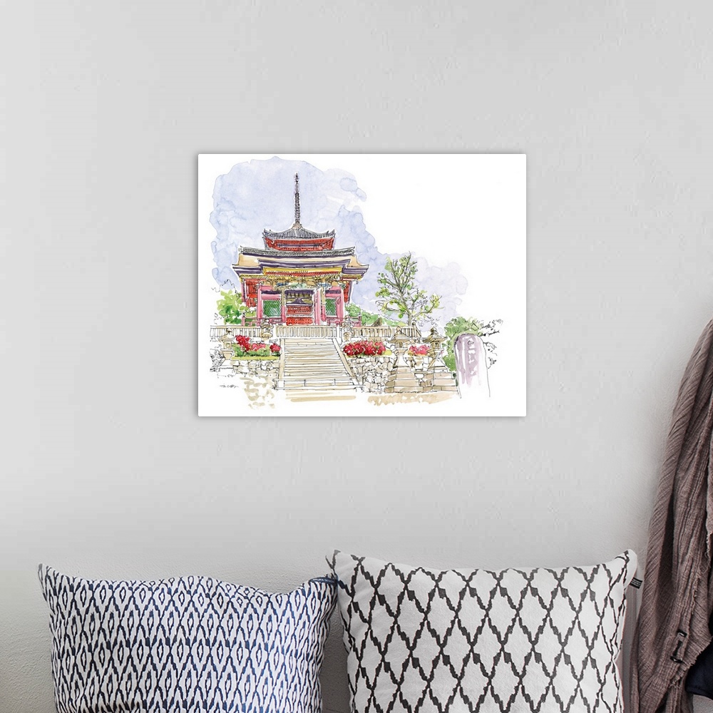 A bohemian room featuring A lovely pen and ink depiction of a Japanese pagoda