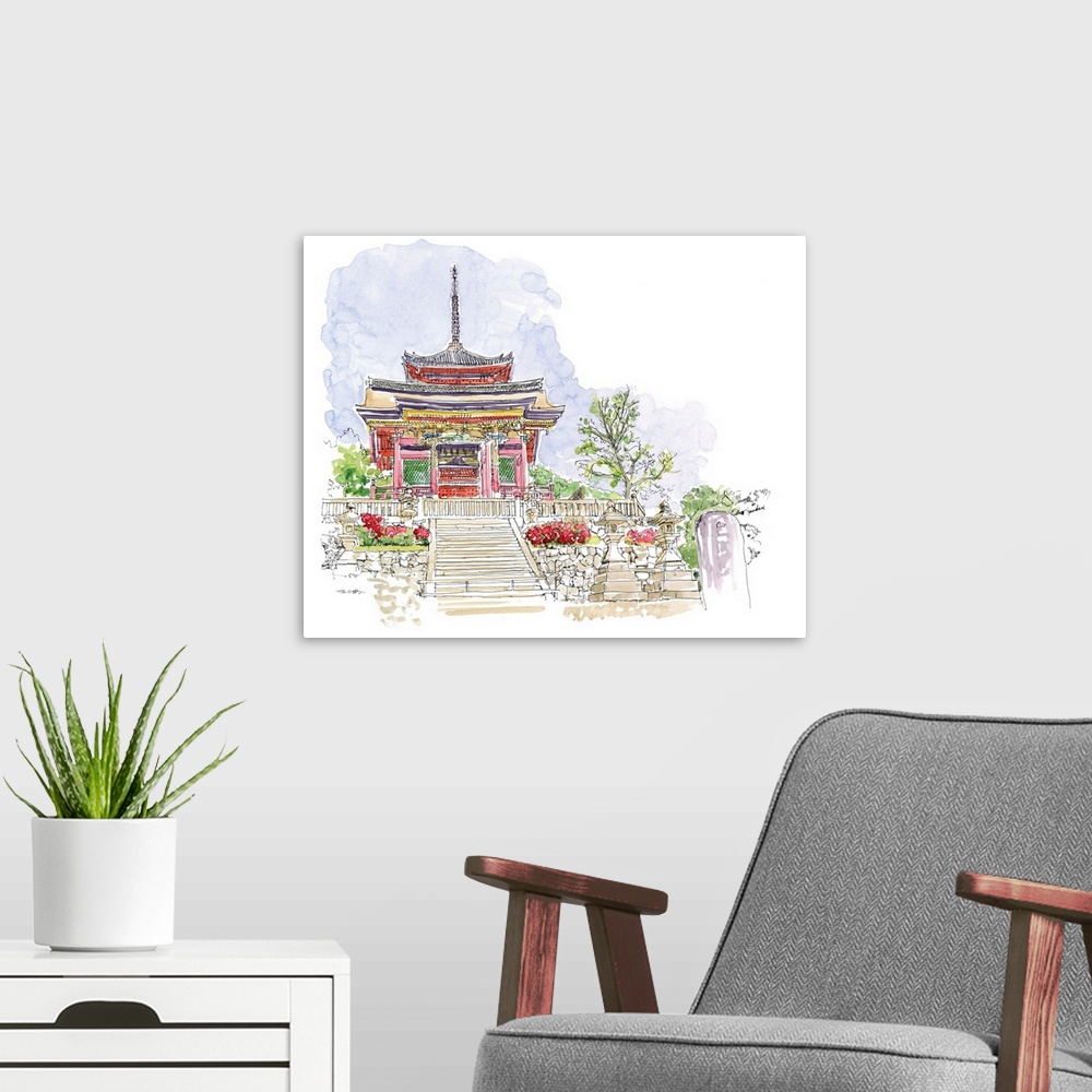 A modern room featuring A lovely pen and ink depiction of a Japanese pagoda