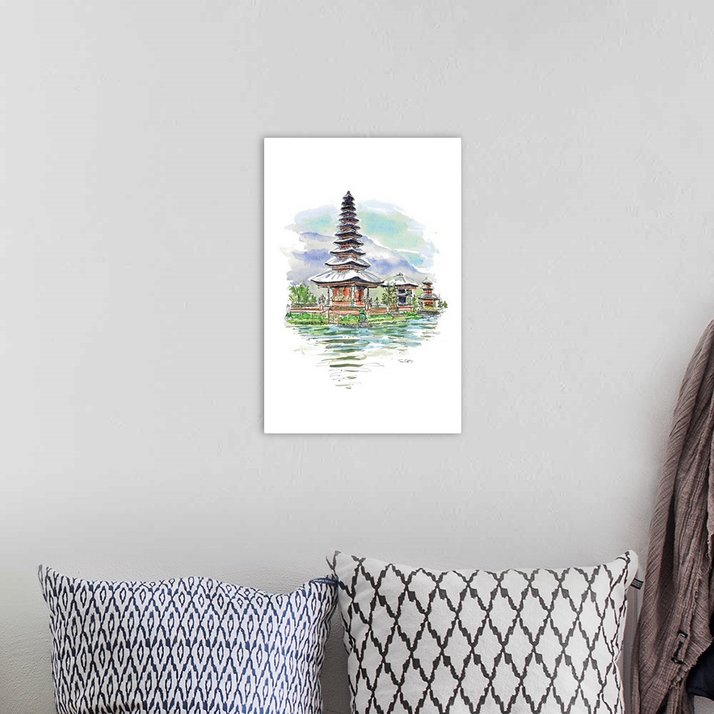 A bohemian room featuring A lovely pen and ink rendering of a pagoda captures the mystery of the Orient