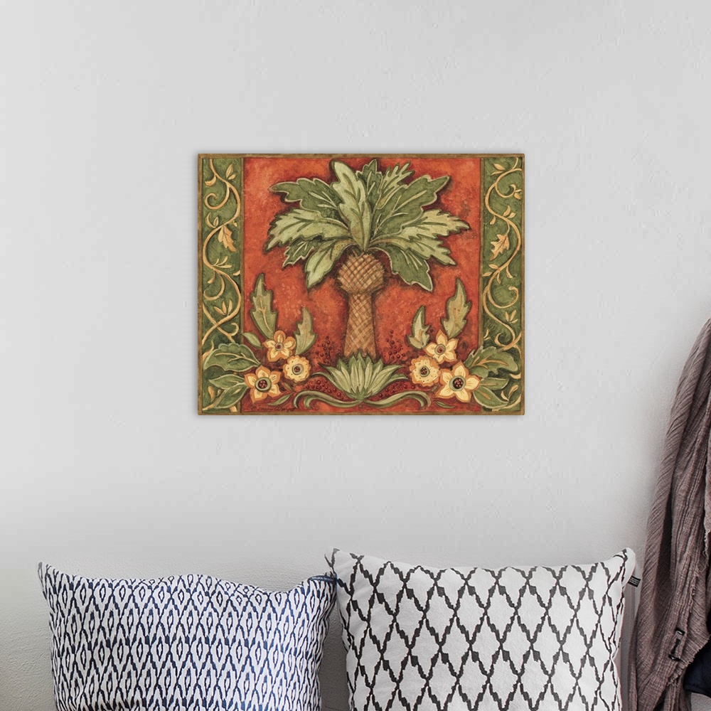 A bohemian room featuring Palm tree motif perfect for all home decor styles