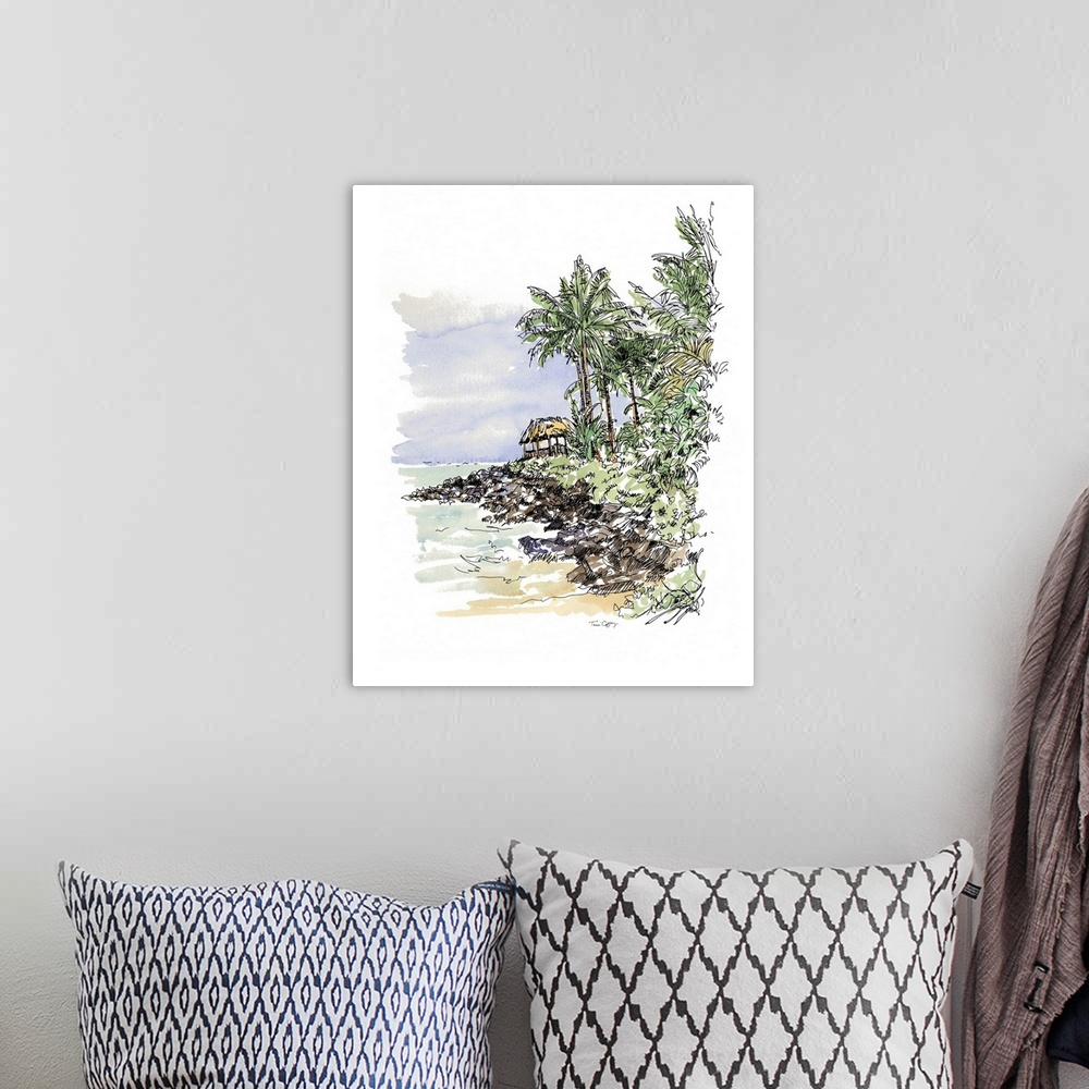 A bohemian room featuring A lovely pen and ink depiction of tropical palm tree coast.
