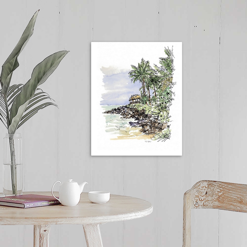 A farmhouse room featuring A lovely pen and ink depiction of tropical palm tree coast.