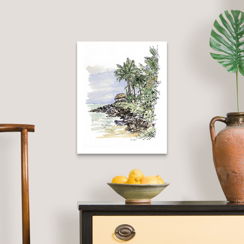 A traditional room featuring A lovely pen and ink depiction of tropical palm tree coast.