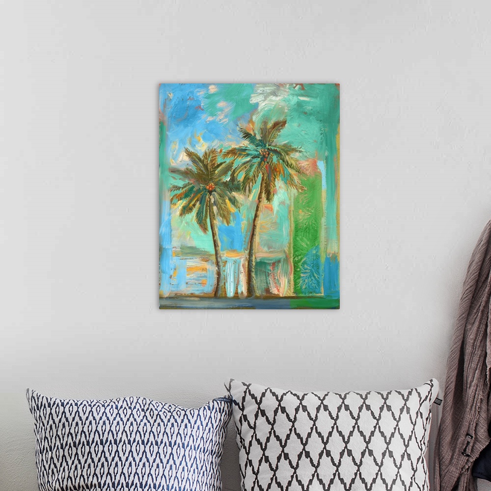 A bohemian room featuring Palm trees evoke warm, sun, tropics; escape!