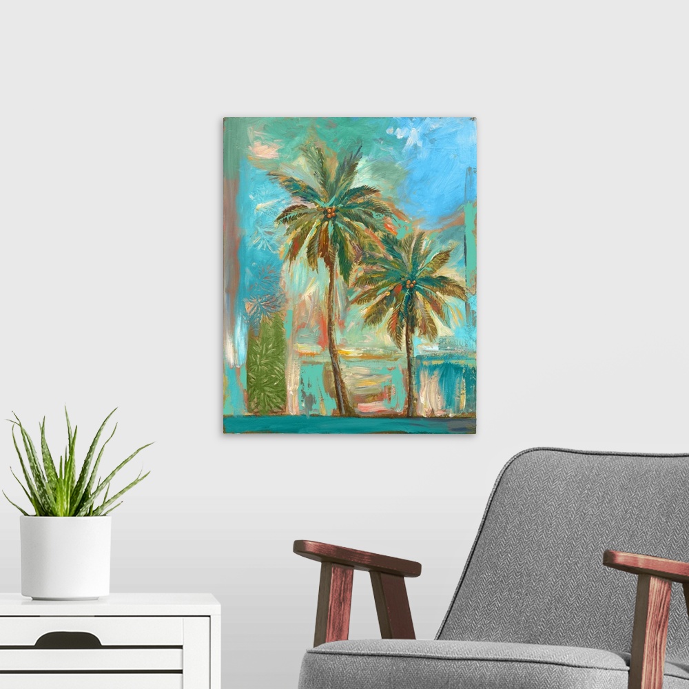 A modern room featuring Palm trees evoke warm, sun, tropics; escape!