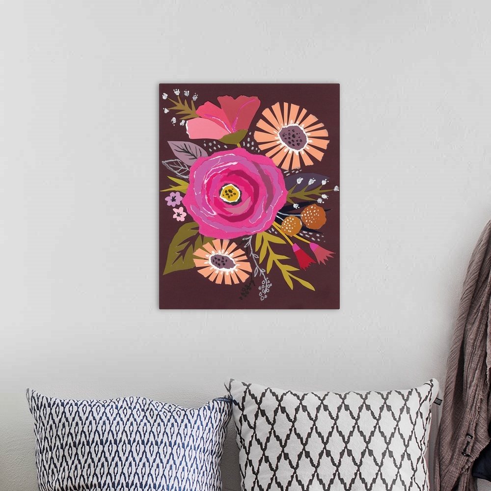 A bohemian room featuring Strikingly clean shapes define this colorful floral image.