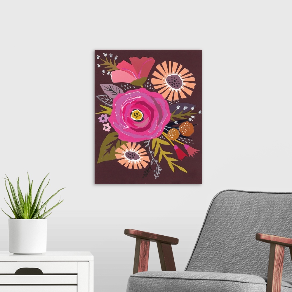 A modern room featuring Strikingly clean shapes define this colorful floral image.