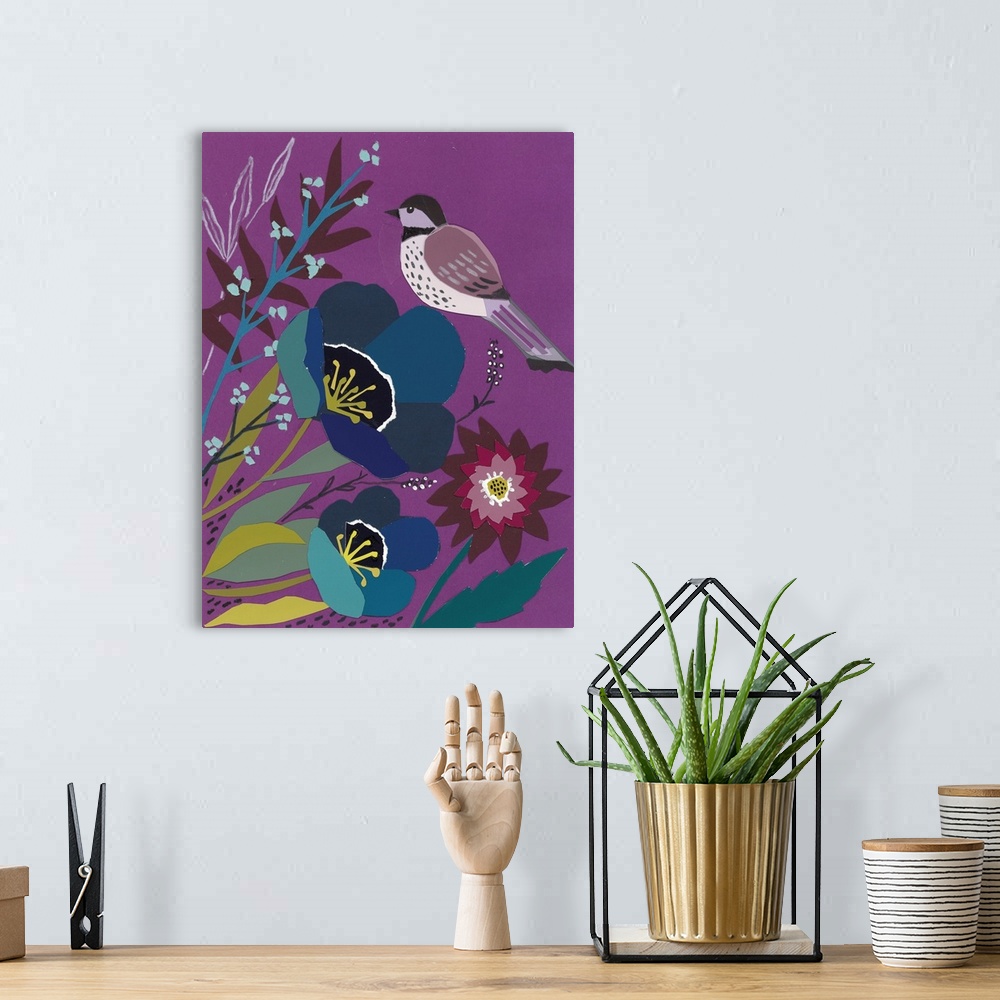 A bohemian room featuring Strikingly clean shapes define this colorful bird image.