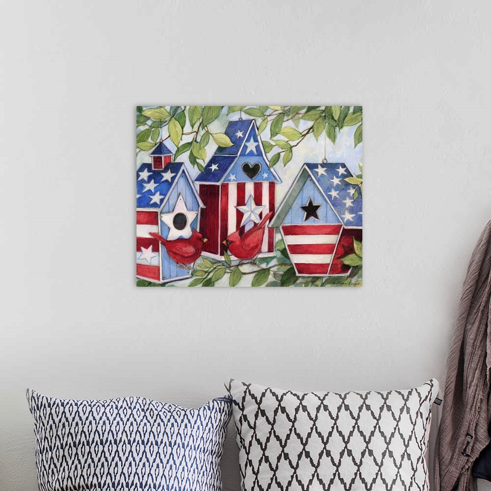A bohemian room featuring A trio of patriotic birdhouses celebrate American nature.