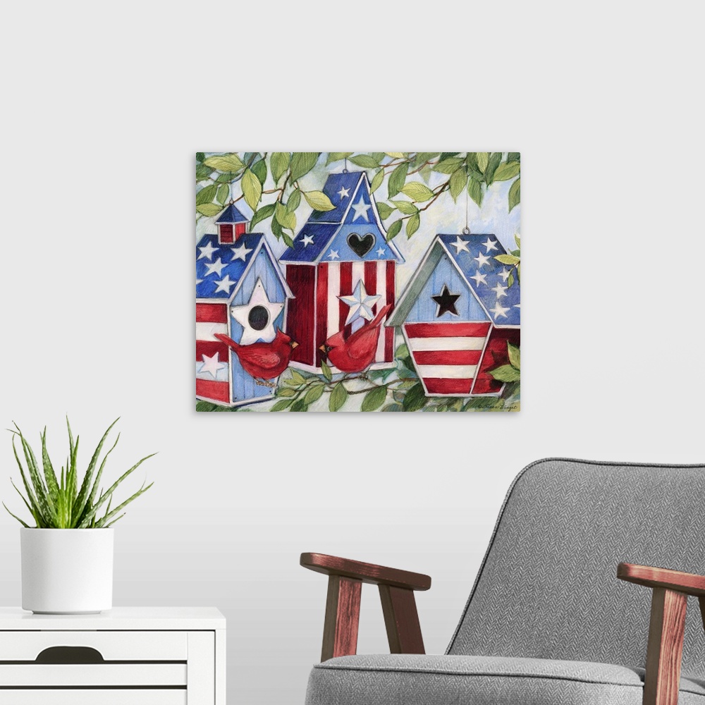 A modern room featuring A trio of patriotic birdhouses celebrate American nature.