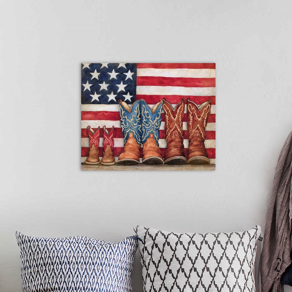 A bohemian room featuring Country Americana with these boots framed by the flag.