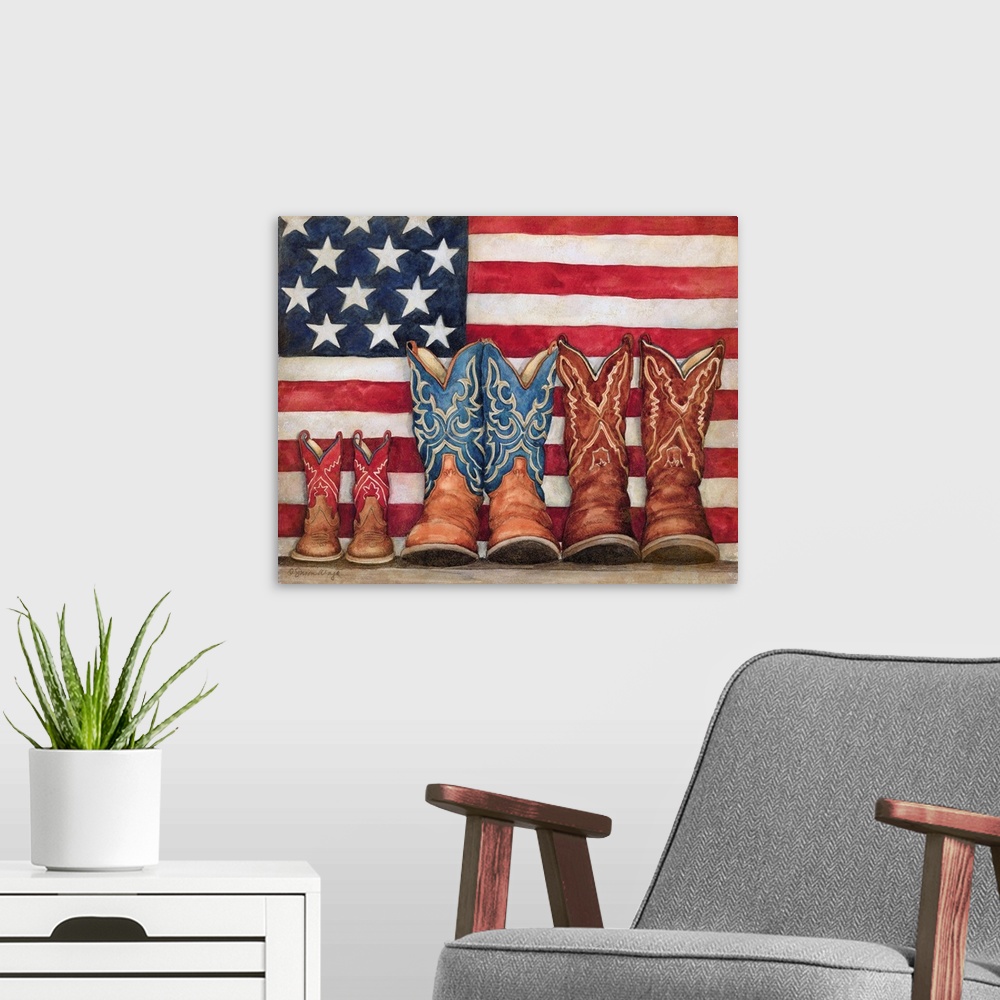 A modern room featuring Country Americana with these boots framed by the flag.