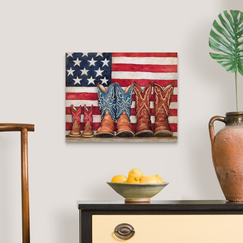 A traditional room featuring Country Americana with these boots framed by the flag.