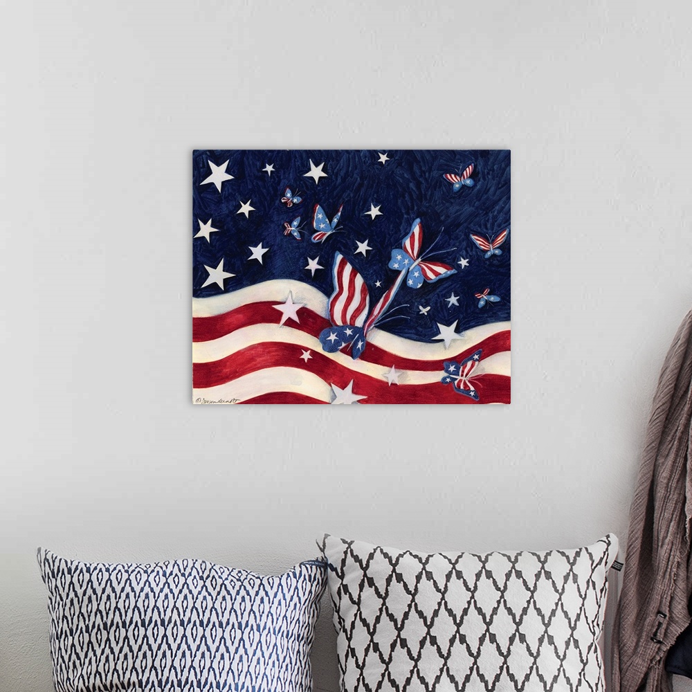 A bohemian room featuring Waving stars and stripes of the American flag with similar patterned butterflies hovering around.