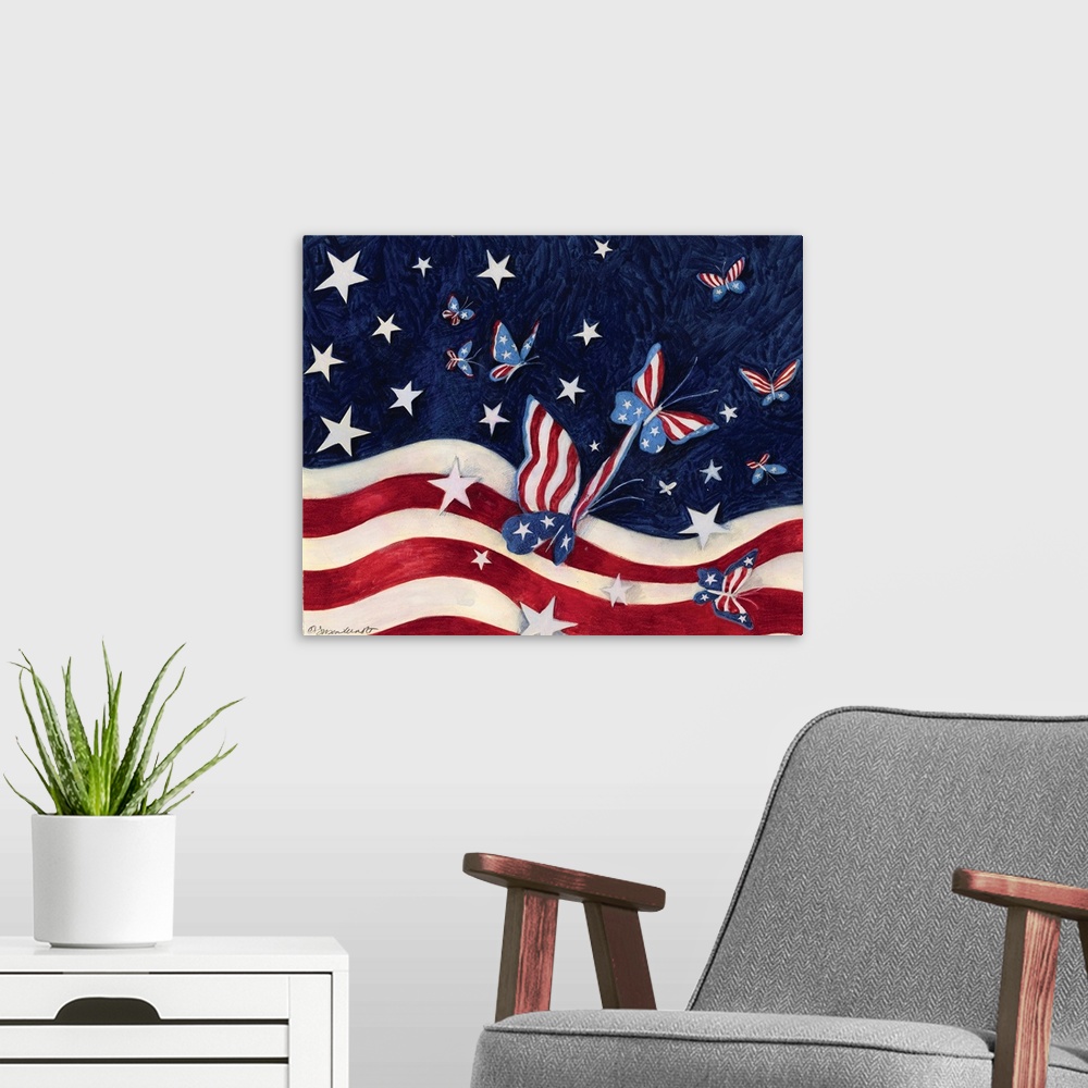 A modern room featuring Waving stars and stripes of the American flag with similar patterned butterflies hovering around.