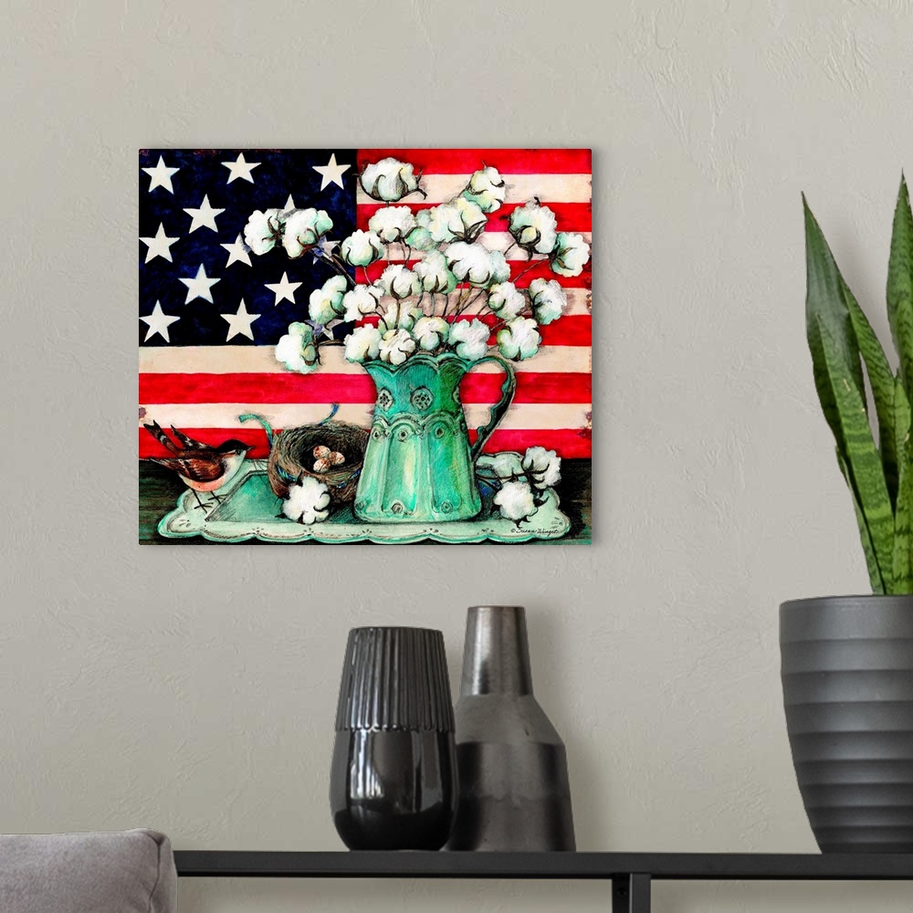 A modern room featuring A rustic country scene with a touch of patriotism.