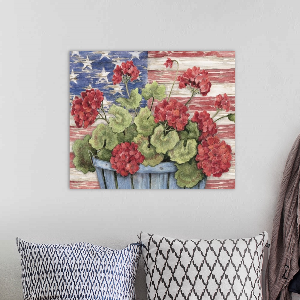 A bohemian room featuring Geraniums with a flag backdrop evoke Americana.