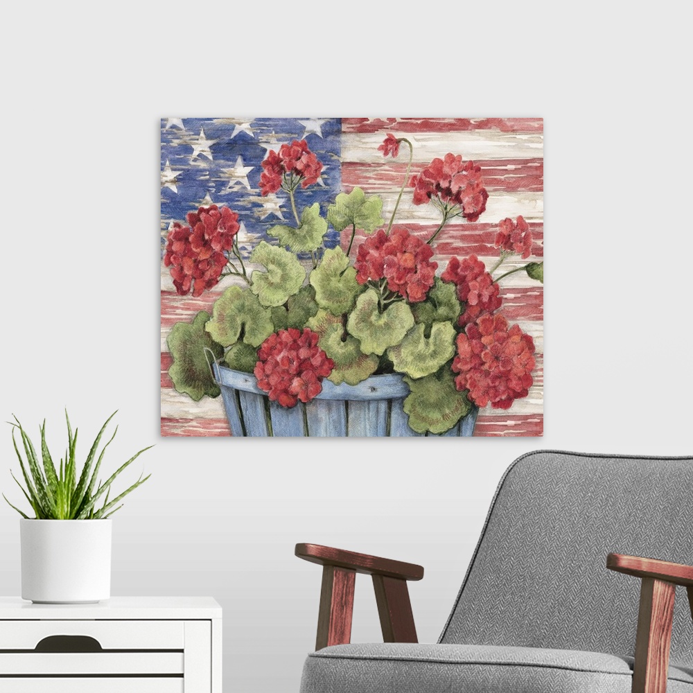 A modern room featuring Geraniums with a flag backdrop evoke Americana.
