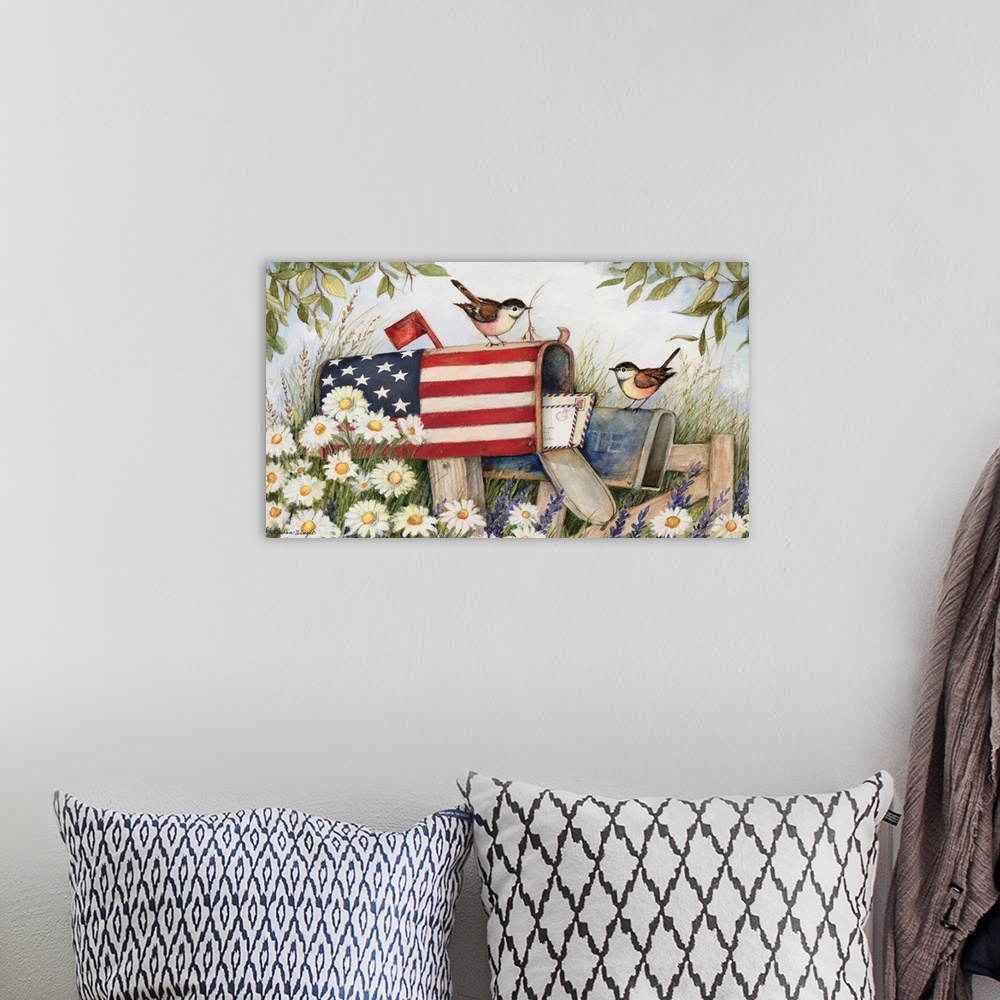 A bohemian room featuring A rustic country scene with a touch of patriotism.