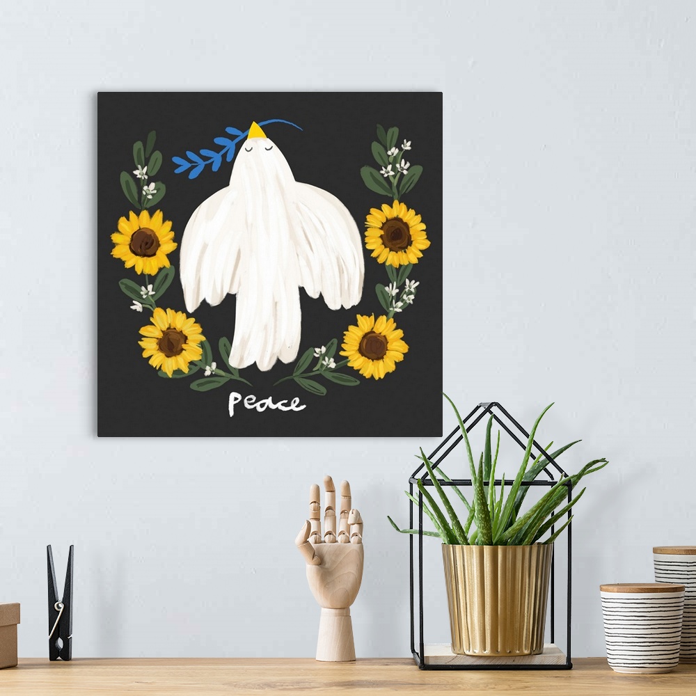 A bohemian room featuring An impactful image of a dove and sunflowersothe common refrain for peace in Ukraine