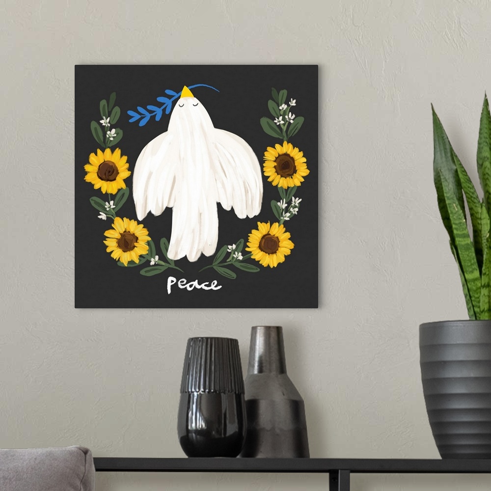 A modern room featuring An impactful image of a dove and sunflowersothe common refrain for peace in Ukraine