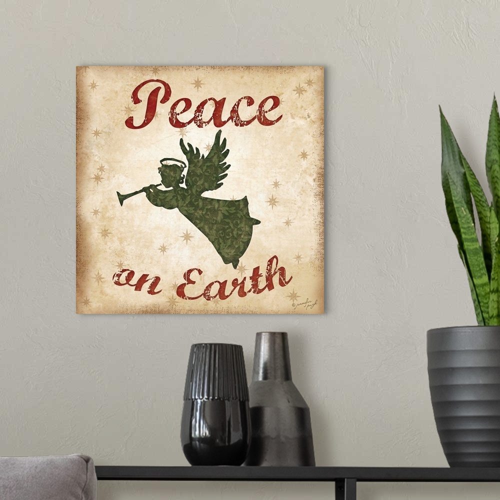 A modern room featuring Silhouette of an angel and holiday sentiments on a neutral background.