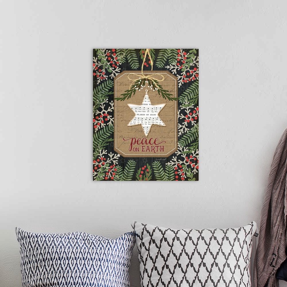 A bohemian room featuring Christmas decor featuring a star of david cut out of sheets of music and the words, "Peace on ear...