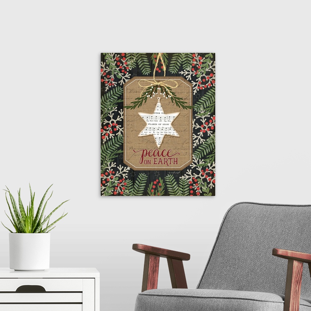 A modern room featuring Christmas decor featuring a star of david cut out of sheets of music and the words, "Peace on ear...