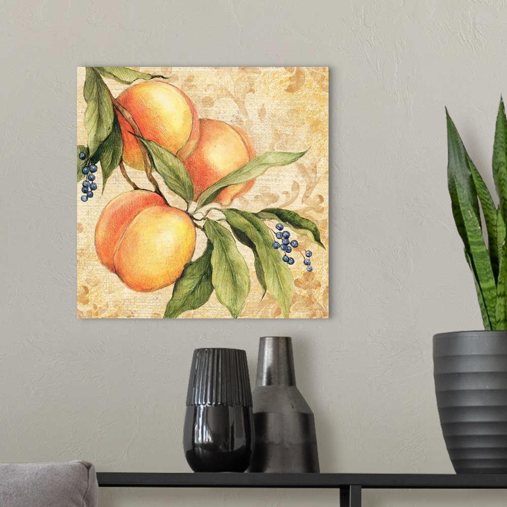 A modern room featuring Elegant and traditional fruit scene is perfect for the dining room or kitchen!