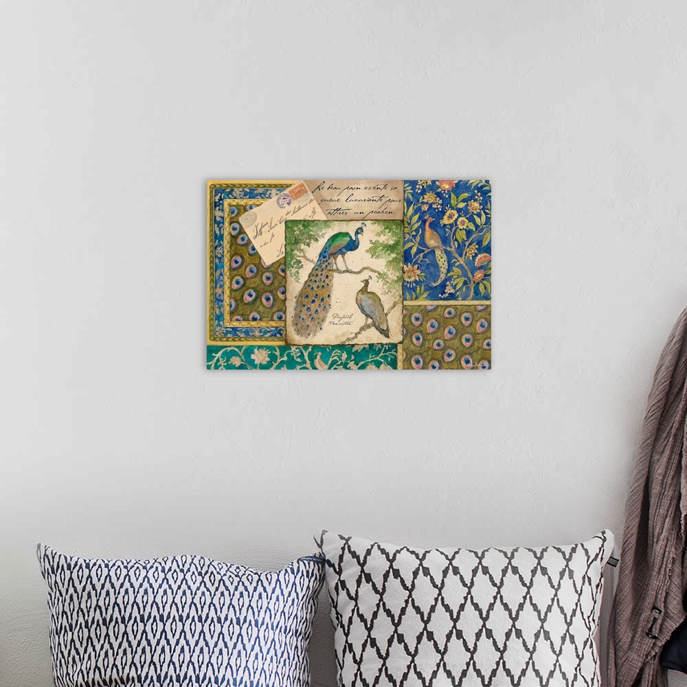 A bohemian room featuring Abstract canvas painting of different blocks of patterns with hand written letters and birds on top.