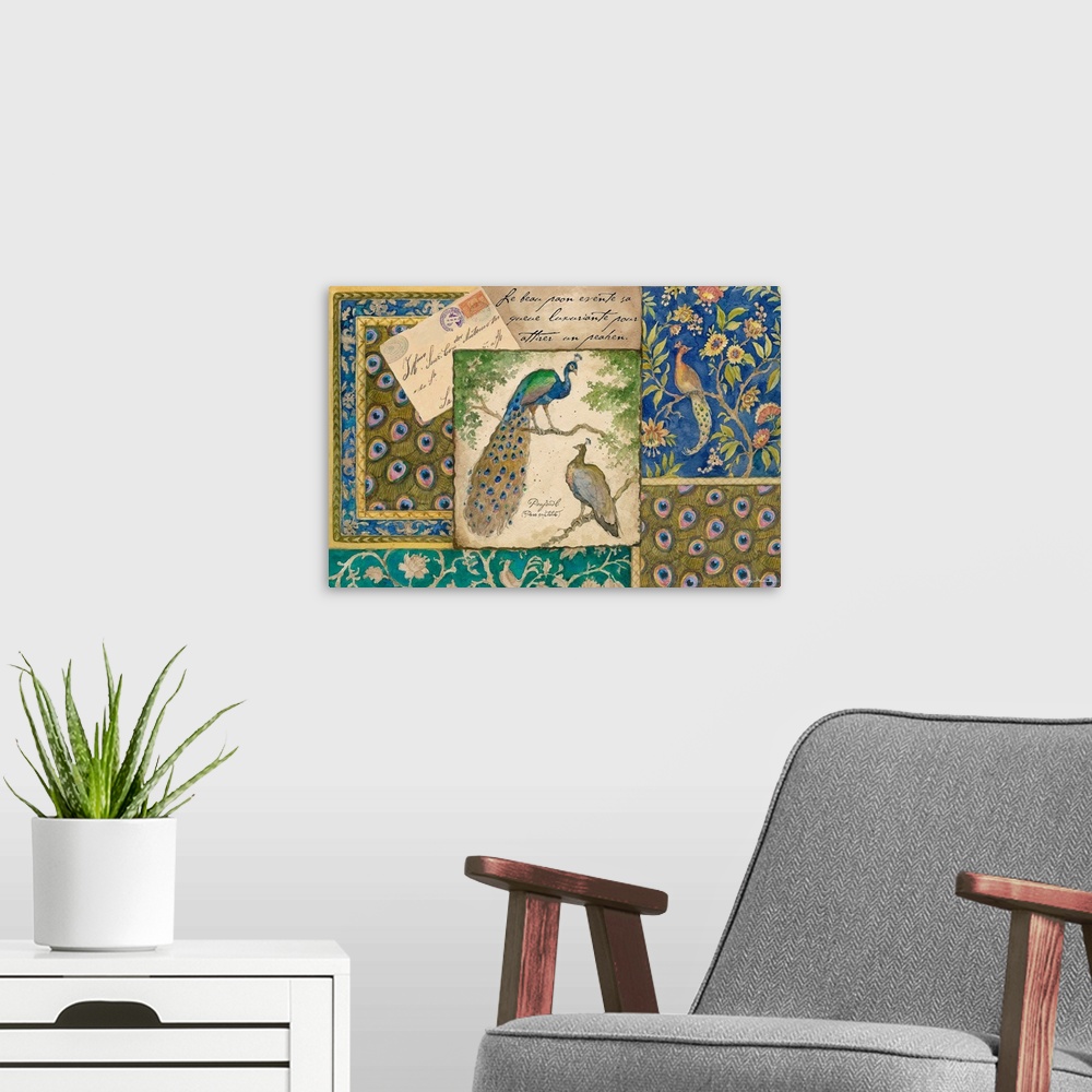 A modern room featuring Abstract canvas painting of different blocks of patterns with hand written letters and birds on top.