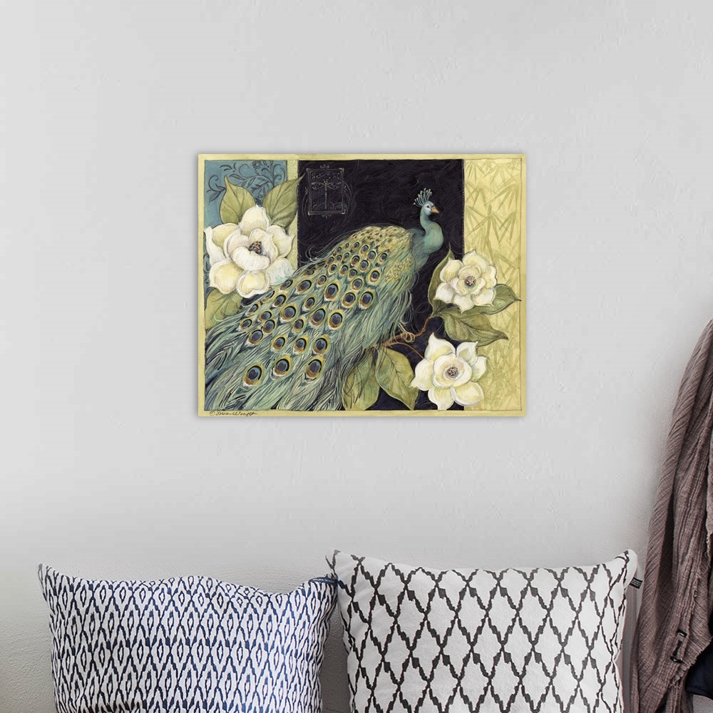 A bohemian room featuring This decorative home accent is a painting of a peacock on branch with large floral blooms in fron...