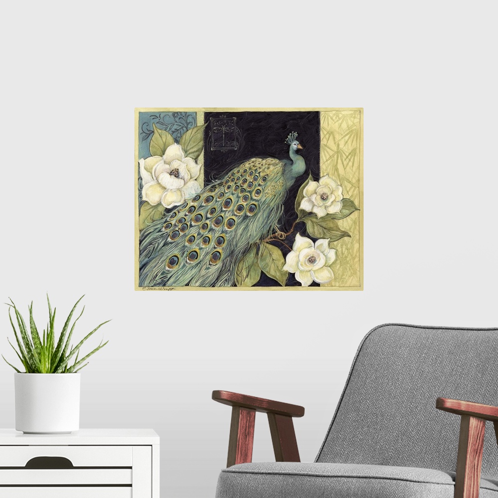 A modern room featuring This decorative home accent is a painting of a peacock on branch with large floral blooms in fron...