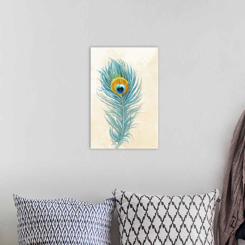 A bohemian room featuring A showy yet classic peacock feather for any decor